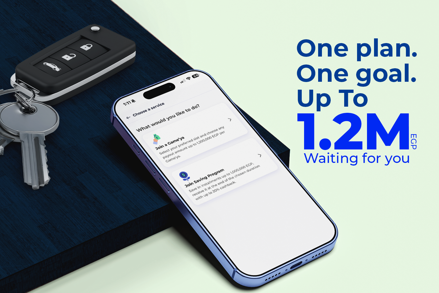 a mobile with money fellows app on its screen which is backed by CBE and Banque Misr, there's a car key besides the mobile from how to save EGP 1.2 million article